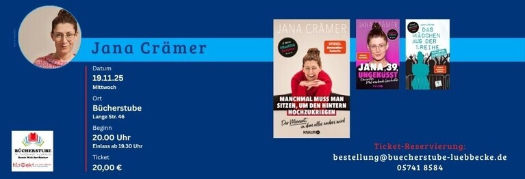 Jana Crämer, BookTok Autorin des Jahres 2023, stellt am 19. November (Mittwoch) ihr gerade erschienenes Buch »Manchmal muss man sitzen, um den Hintern hochzukriegen« vor.